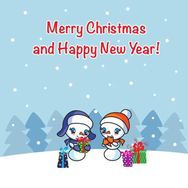 Deux bonhommes de neige mignons avec carte de Noël cadeaux — Image vectorielle