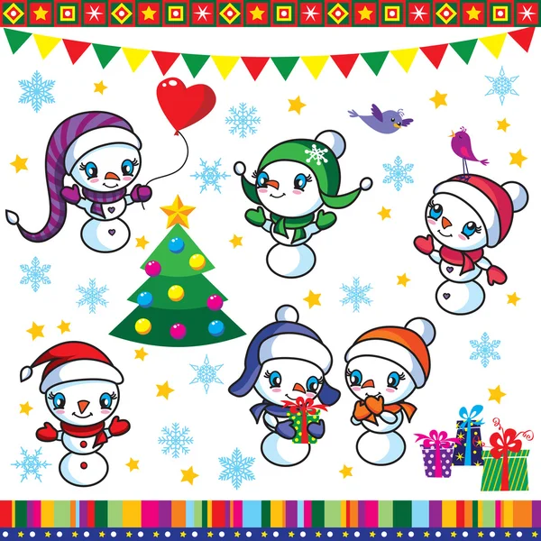 Six cute snowmen and Xmas decorations set — Stock Vector