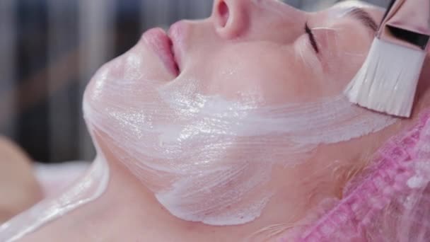 Žena kosmetička nanáší masku na tvář mladé ženy se štětcem. — Stock video