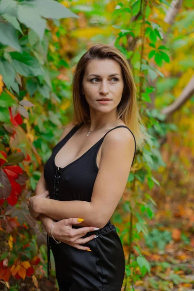 Prachtig portret van een jonge vrouw in herfststruiken. — Stockfoto