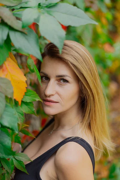 Beautiful portrait of a young woman in autumn bushes. — Stock Photo, Image