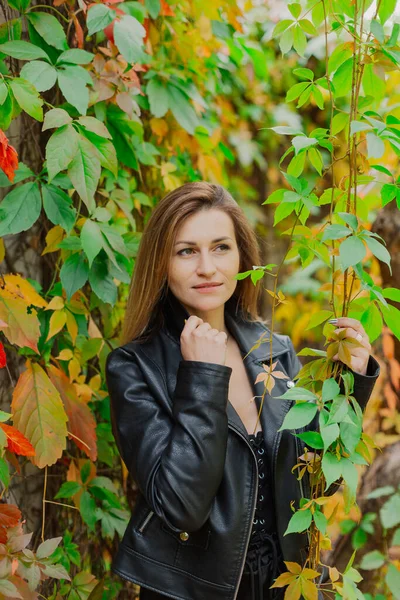 가을 덤불 속의 젊은 여자의 아름다운 모습. — 스톡 사진