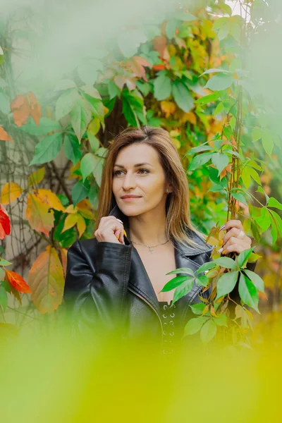 Prachtig portret van een jonge vrouw in herfststruiken. Stockfoto