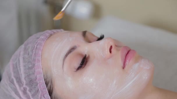 Mulher esteticista profissional aplica máscara com escova no rosto. — Vídeo de Stock