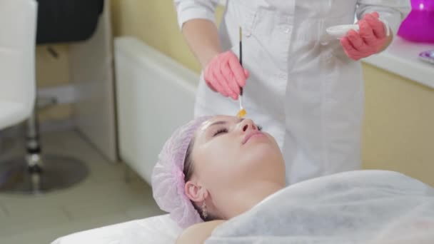 Wanita ahli kecantikan profesional memasang topeng di wajah dengan kuas ke klien. — Stok Video