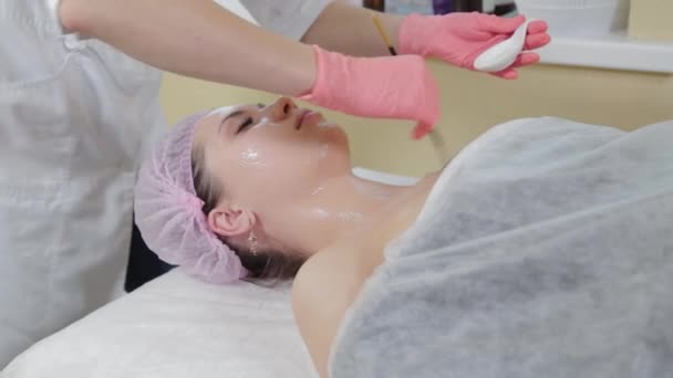 Professionell kosmetolog kvinna applicera mask i ansiktet med pensel till klient. — Stockvideo