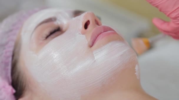Žena kosmetička aplikuje krém se štětcem na tvář. — Stock video