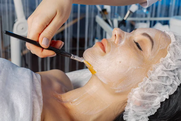 プロの美容師の女性は彼女の首にブラシ付きのマスクを適用します. — ストック写真