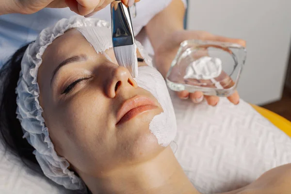 Mujer esteticista profesional aplica máscara con cepillo a la cara de los clientes. Imagen de archivo