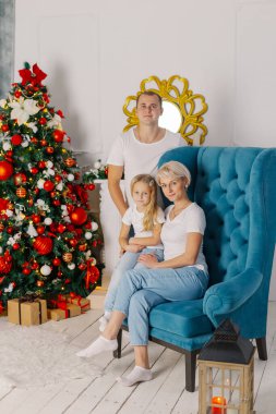 Güzel, genç, mutlu bir aile yeni yıl ağacının yanındaki koltukta..