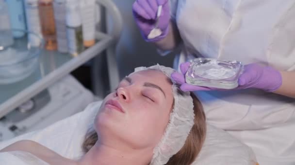Жінка-косметолог наносить крем жінці на обличчя пензлем . — стокове відео