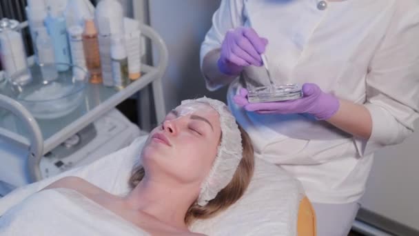 Femme esthéticienne applique la crème à la femme sur le visage avec un pinceau. — Video