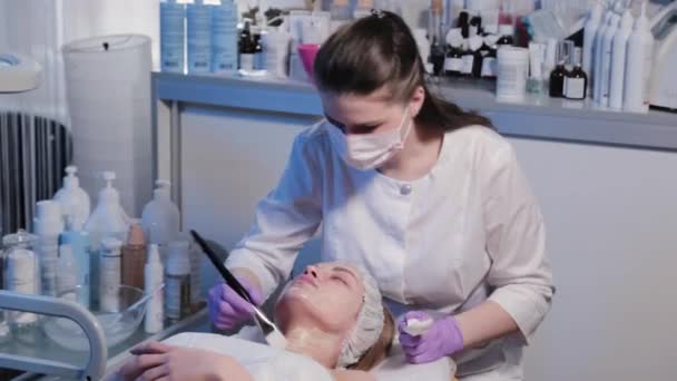 女性の美容師は、特別なブラシで顔に女性にクリームを適用します. — ストック動画