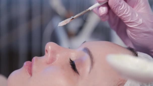 Kobieta kosmetyczka stosuje krem do kobiety na twarz szczotką. — Wideo stockowe
