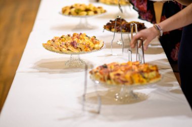 Lezzetli Parti Aperatifleri ve Parmak Gıdaları Profesyonel olarak Bir Kutlama Etkinliği Karşılama veya Yemek Servisi Gösterimi İçin Hazırlandı