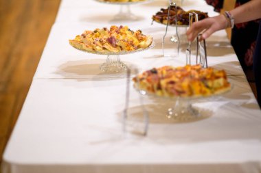 Özel bir kutlama ve konuk eğlencesi için bir masada ustalıkla hazırlanmış aperatiflerin ve parmak yiyeceklerin lezzetli bir karışımı.