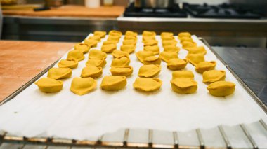 Rows of uncooked golden colored dumplings with filling placed neatly on baking paper and cooling rack in a professional kitchen setting ready for cooking preparation