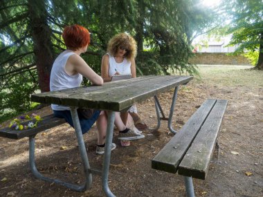 İki kadın arkadaş, ağaçlarla çevrili, ağaçlarla çevrili ve güneşli bir piknik masasında oturup, paylaşılan anlar için huzurlu bir atmosfer yaratarak gündelik sohbetin tadını çıkarıyorlar.