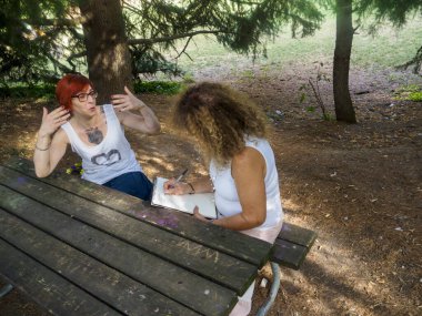 Güneşli bir günde parkta piknik masasında sohbet eden iki kadın arkadaş.