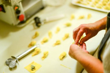 Makarna keskisi ve ev yapımı İtalyan mutfağı malzemelerini kullanarak iyi aydınlatılmış mutfak tezgahına lezzetli dolgulu lezzetli ravioli makarnası hazırlayan becerikli eller.