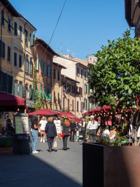 Pisa, İtalya - 16 Ekim 2025 Bir defne çelengi giyen ve bir buket taşıyan genç kadın, halka açık bir sokakta yürüyor, bir üniversite mezuniyetini kutluyor