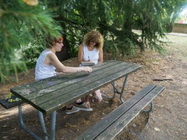 Açık havada güneşli bir günün tadını çıkaran iki kadın ağaçlar ve yapraklarla çevrili bir piknik masasında çizim ve çizim yapıyorlar.