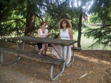 Güneşli bir Öğleden Sonra Eğlenen ve Rahatlayan İki Kadın Ağaçlar ve Yeşilliklerle çevrili Bir Parktaki Ahşap Piknik Masasında Birlikte Oturuyorlar