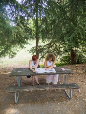 İki kadın bir parkta piknik masasında oturmuş güneşli bir günde bir sonraki maceralarını planlıyorlar.