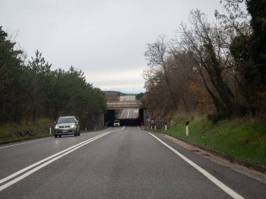 Trieste, İtalya - 21 Kasım 2025 Kırsal bir otoyolda bir tünele doğru giden gri araba, bir üst geçidin altından geçiyor, Slovenya ile Slovenya arasında sonbahar ağaçları ve yapraklarla çevrili,
