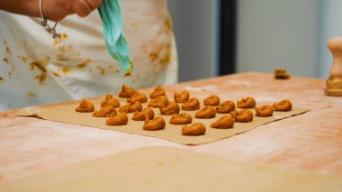 Şefin elleri özenle taze makarna hamurunun karelerini dolduruyor, otantik İtalyan mutfağı için kırsal ahşap bir yüzey üzerinde el yapımı ravioli veya tortellini yapıyor.