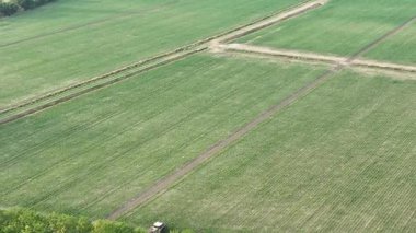 İnsansız hava aracı, mısır tarlasında kimyasal tedaviler uygulayan, yoğun tarım uygulamalarını gösteren ve kırsal ekosistemler üzerindeki gıda güvenliği etkileri hakkındaki endişeleri ortaya koyan patlama spreyli bir traktörün izini sürüyor..