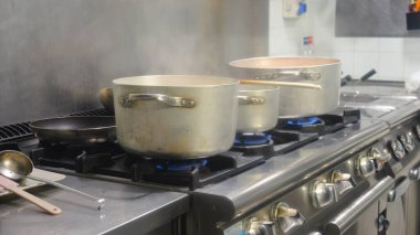 Birçok endüstriyel tenceresi kaynayan, buharlaşan ve tatlı patates çorbası ve geleneksel Afrika yemekleri hazırlayan profesyonel mutfak sobası aşçılık uzmanlığını ve pişirme sürecini temsil ediyor.