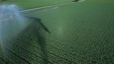 Döner bir fıskiye geniş bir tarımsal alanı sular, canlı bir gökkuşağı etkisi yaratır, su yönetimi uygulamalarını vurgular