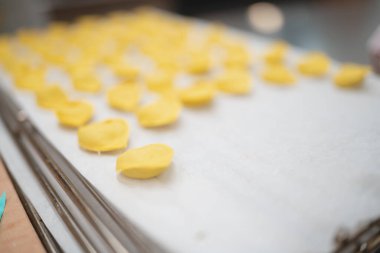 Taze yapılmış tortellini makarna hamuru pişirmek için bir yemek tepsisi üzerine dizilmiş.