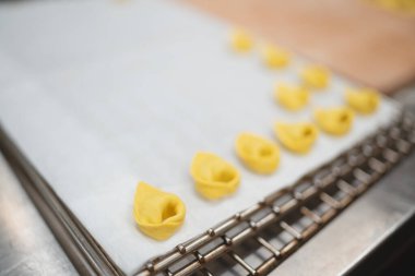 Taze yapılmış tortellini makarna hamuru pişirmek için bir yemek tepsisi üzerine dizilmiş.