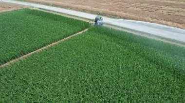 Modern bir tarım traktörü geniş bir fıskiye sistemi kullanarak verimli bir yeşil mısır tarlasını suluyor. Gelişmiş tarım teknikleri sergiliyor.