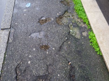 İhmal edilmiş bir şehir sokak yüzeyinin yakından görüntüsü çatlakları, çukurları suyla dolduran çukurları ve beton kaldırımın yanındaki istilacı bitkileri gösteriyor.