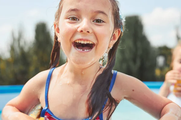 Portrait Happy Smiling Girl Standing Pool Having Fun Summer Sunny — Stock Photo, Image