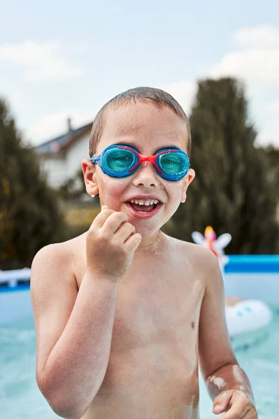 Portrait Happy Smiling Boy Playing Pool Having Fun Summer Sunny — Stock Photo, Image