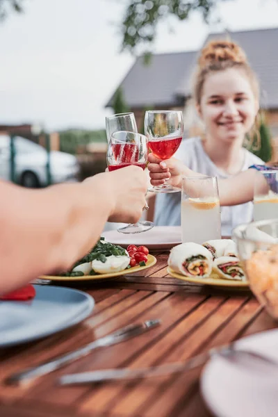 Family Making Toast Summer Outdoor Dinner Home Garden Close Hands — Stock Photo, Image