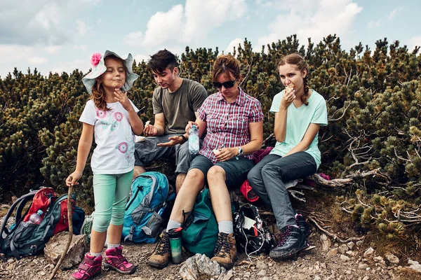 Family Having Break Eating Snacks Trip Mountains Family Actively Spending — Stock Photo, Image