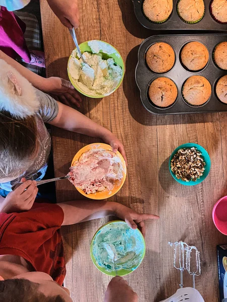 Group Children Baking Cupcakes Preparing Ingredients Toppings Sprinkles Decorating Cookies Royalty Free Stock Images