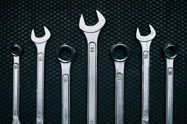 Set Chrome Wrenches Steel Surface Mechanic Tools Maintenance Hardware Tools — Stock Photo, Image