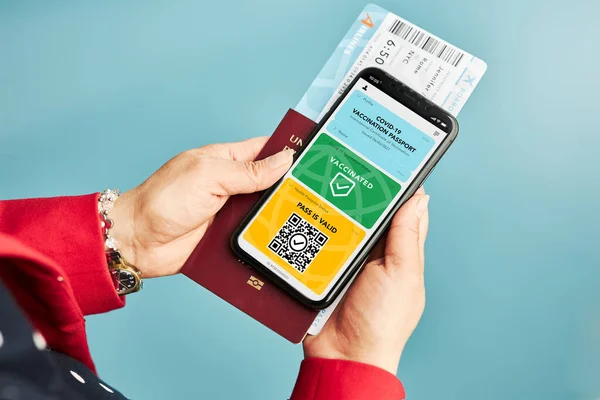 디지털 자격증입니다 디지털 패스를 지원한다 그녀의 비행기 티켓에 디지털 패스를 — 스톡 사진