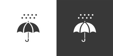 Şemsiye ve dolu. Siyah beyaz arkaplanda izole edilmiş bir simge. Hava vektörü illüstrasyonu