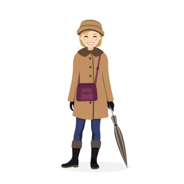 Şemsiyesi ve sonbahar giysisi olan bir kadın. Vektör illüstrasyonu