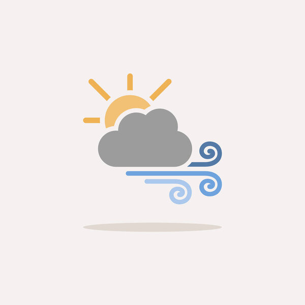 Strong wind, sun and cloud. Color icon with shadow. Weather vector illustration