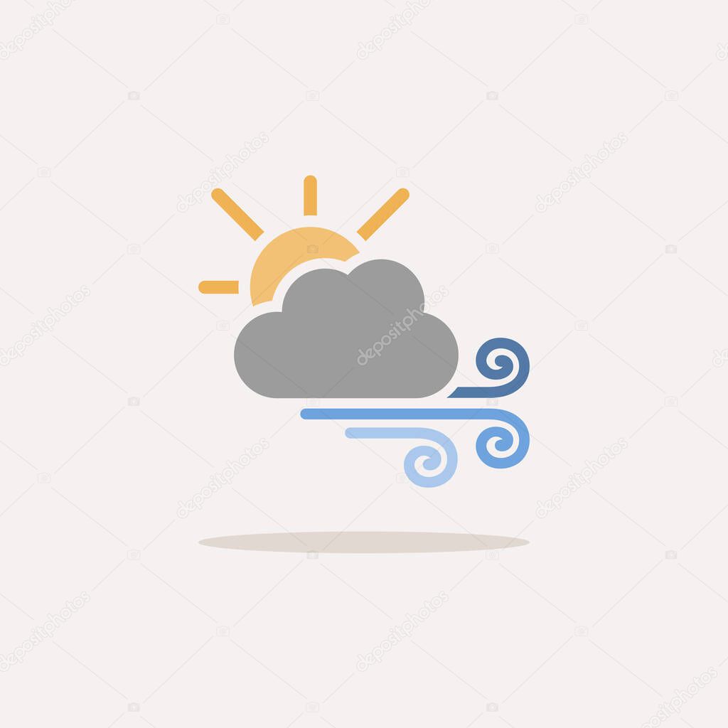 Strong wind, sun and cloud. Color icon with shadow. Weather vector illustration