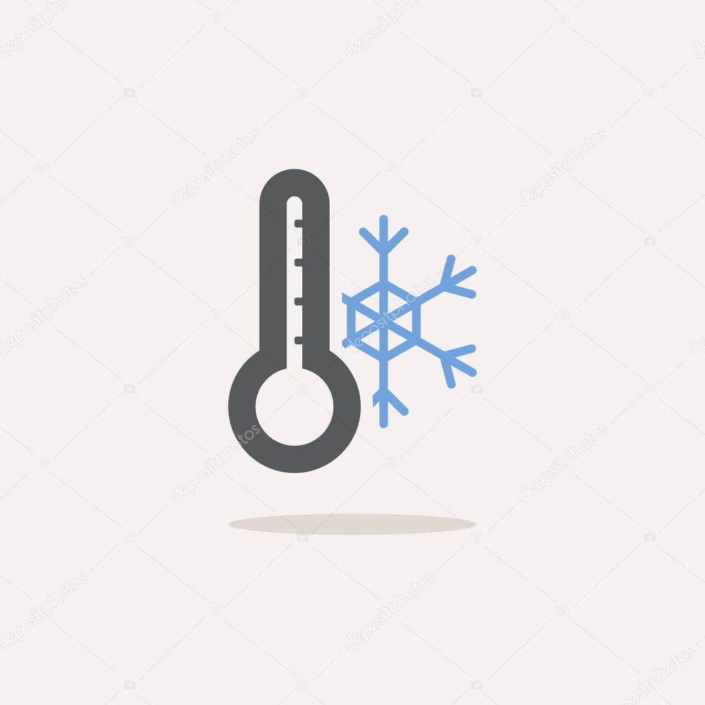 Thermometer and snowflake. Winter temperature. Color icon with shadow. Weather vector illustration