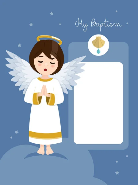 Betender Engel Taufeinladung Mit Botschaft Auf Blauem Himmel Und Sternenhintergrund — Stockvektor